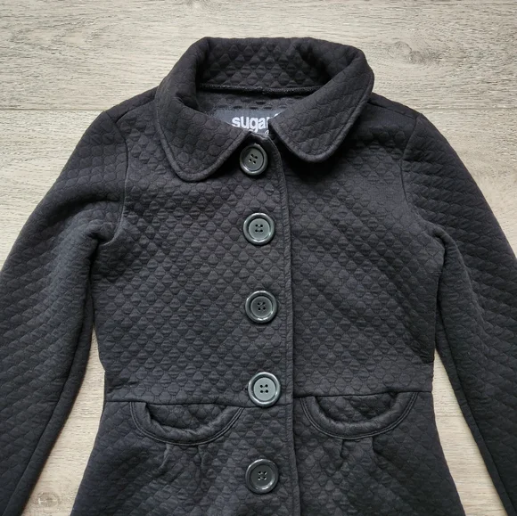 Sugarfly Black Quilted Coat Button Womens Small Fall Jacket Cotton - Picture 3 of 11